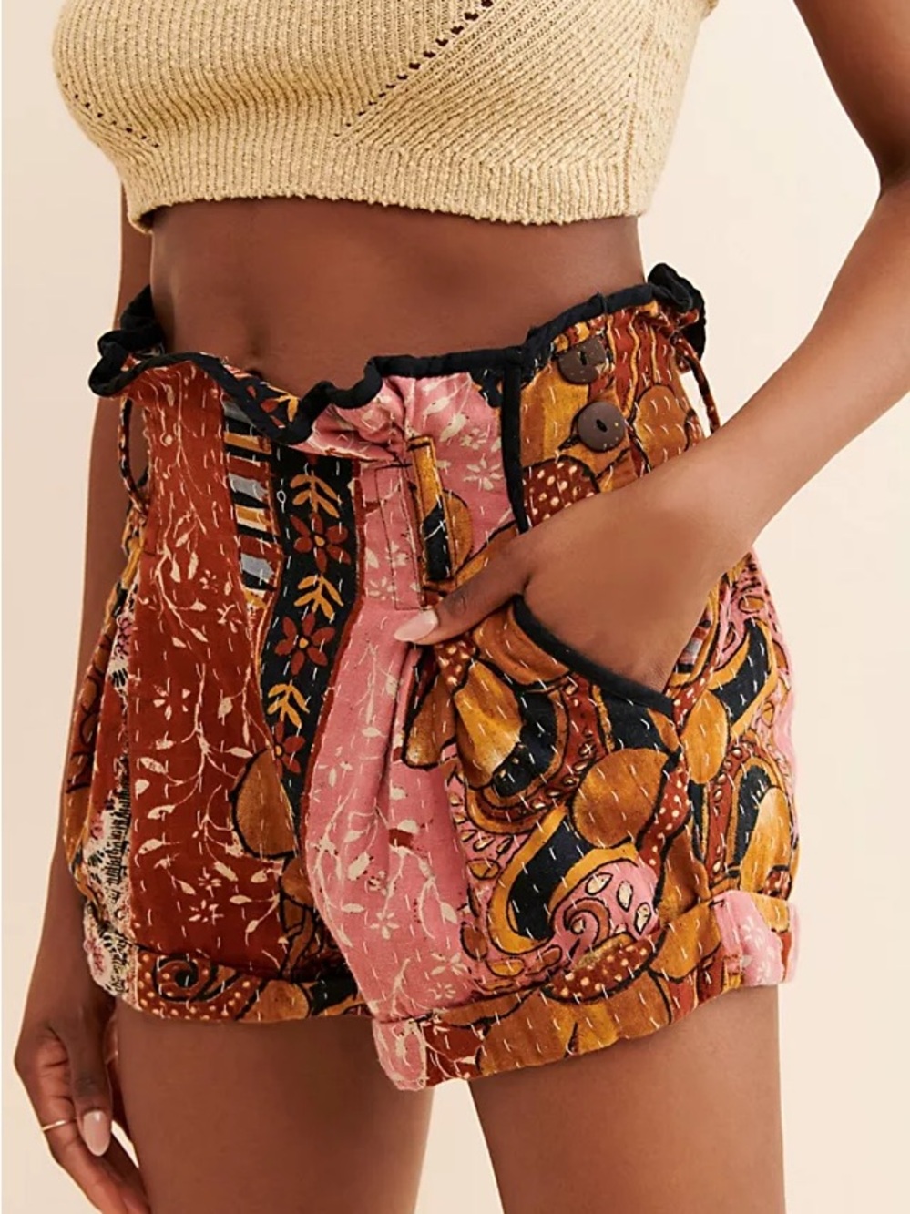 High-Waist Patchwork Floral Shorts - Pink & Brown